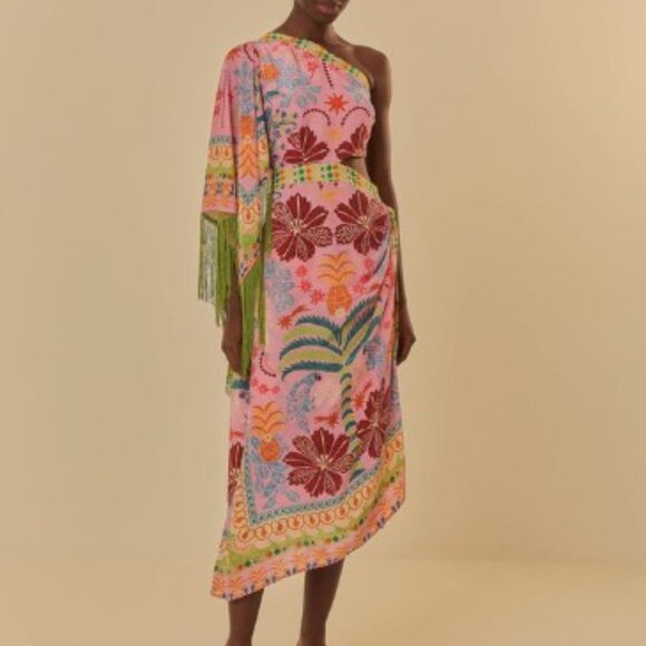 NWT Farm Rio FruitsQueen Scarf One-Shoulder Sleeveless Midi Dress Size Large$295 - Picture 2 of 13